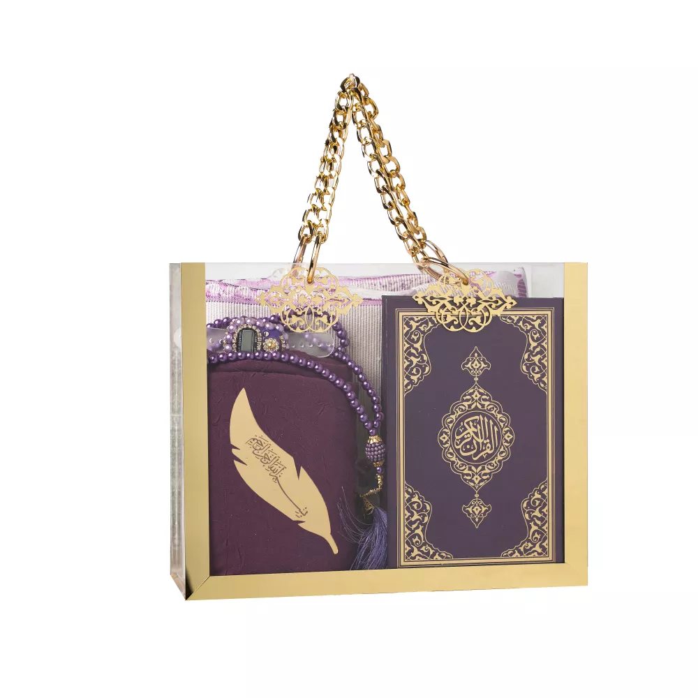 Kuran + Seccade + Eşarp + Tesbih + Zikirmatik + Ayraç Hediye Seti (Çanta Boy, Mor)