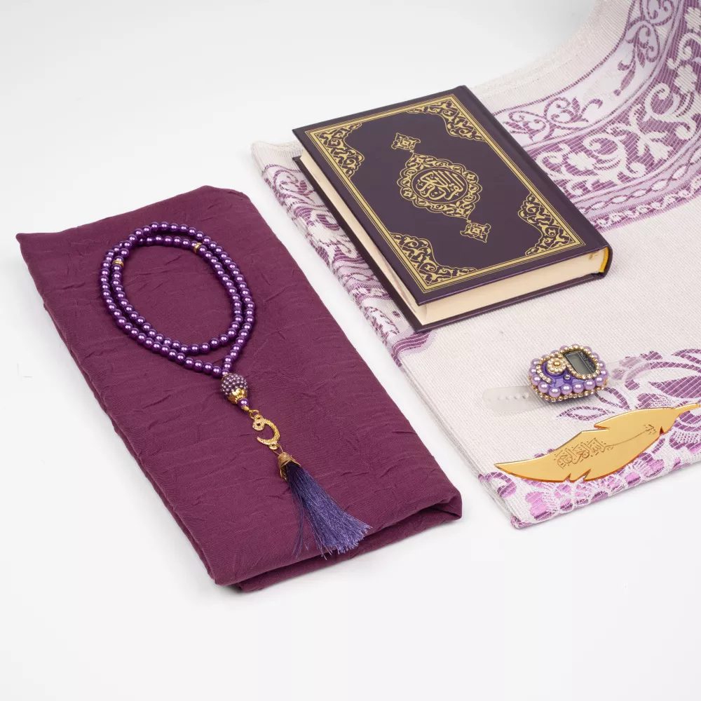 Kuran + Seccade + Eşarp + Tesbih + Zikirmatik + Ayraç Hediye Seti (Çanta Boy, Mor) - Thumbnail