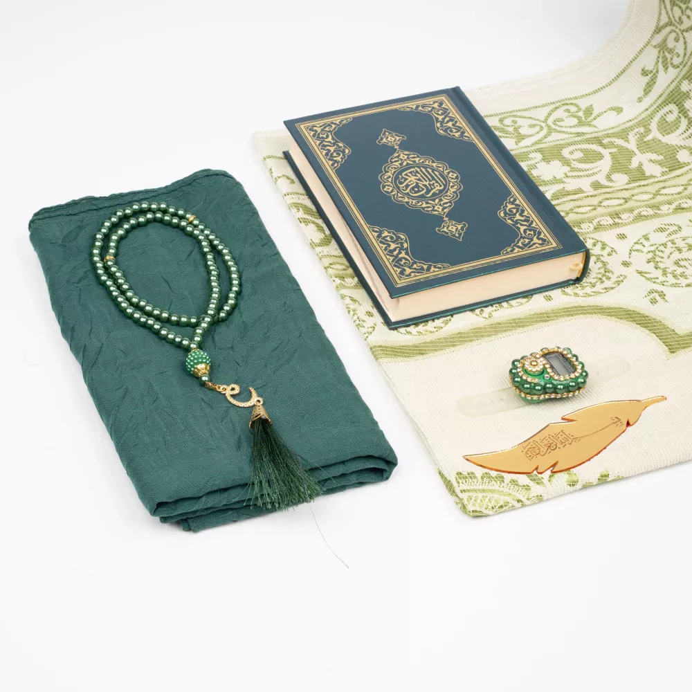 Kuran + Seccade + Eşarp + Tesbih + Zikirmatik + Ayraç Hediye Seti (Çanta Boy, Yeşil) - Thumbnail