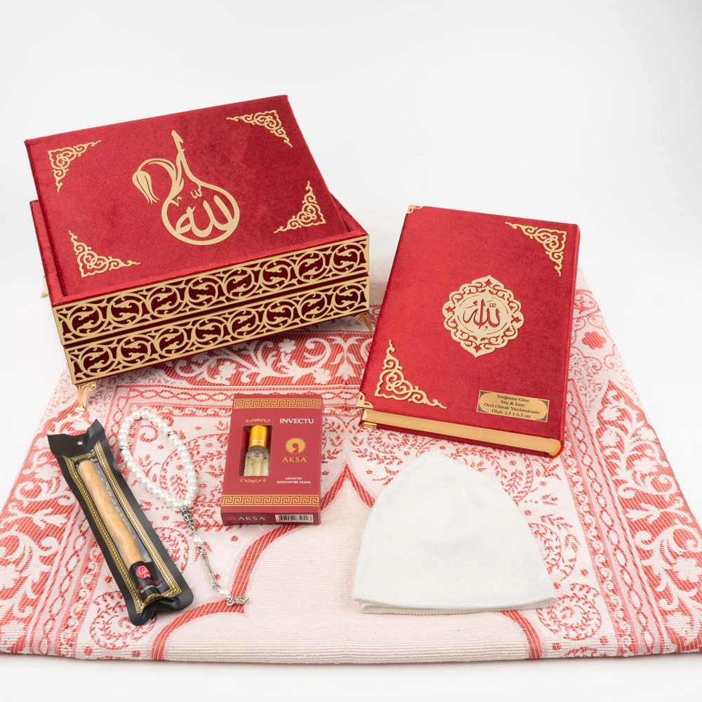 Kuran + Seccade + Tesbih + Takke + Esans + Misvak Hediye Seti (Orta Boy, Raşel Cilt, Bordo)