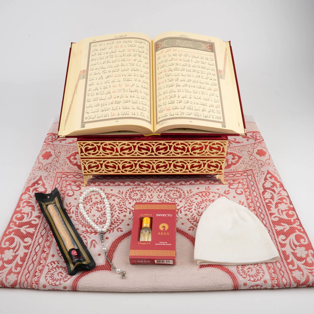 Kuran + Seccade + Tesbih + Takke + Esans + Misvak Hediye Seti (Orta Boy, Raşel Cilt, Bordo)