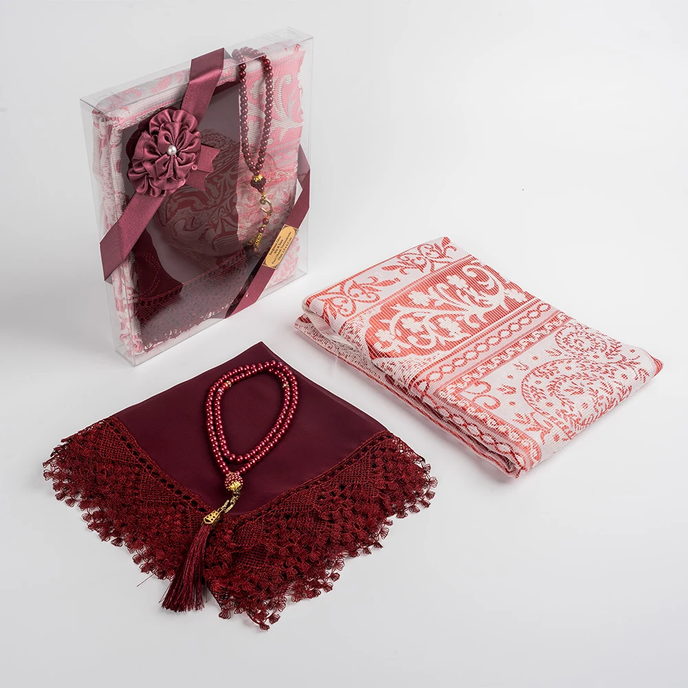 Şal + Seccade + Tesbih Hediye Seti (Bordo) 