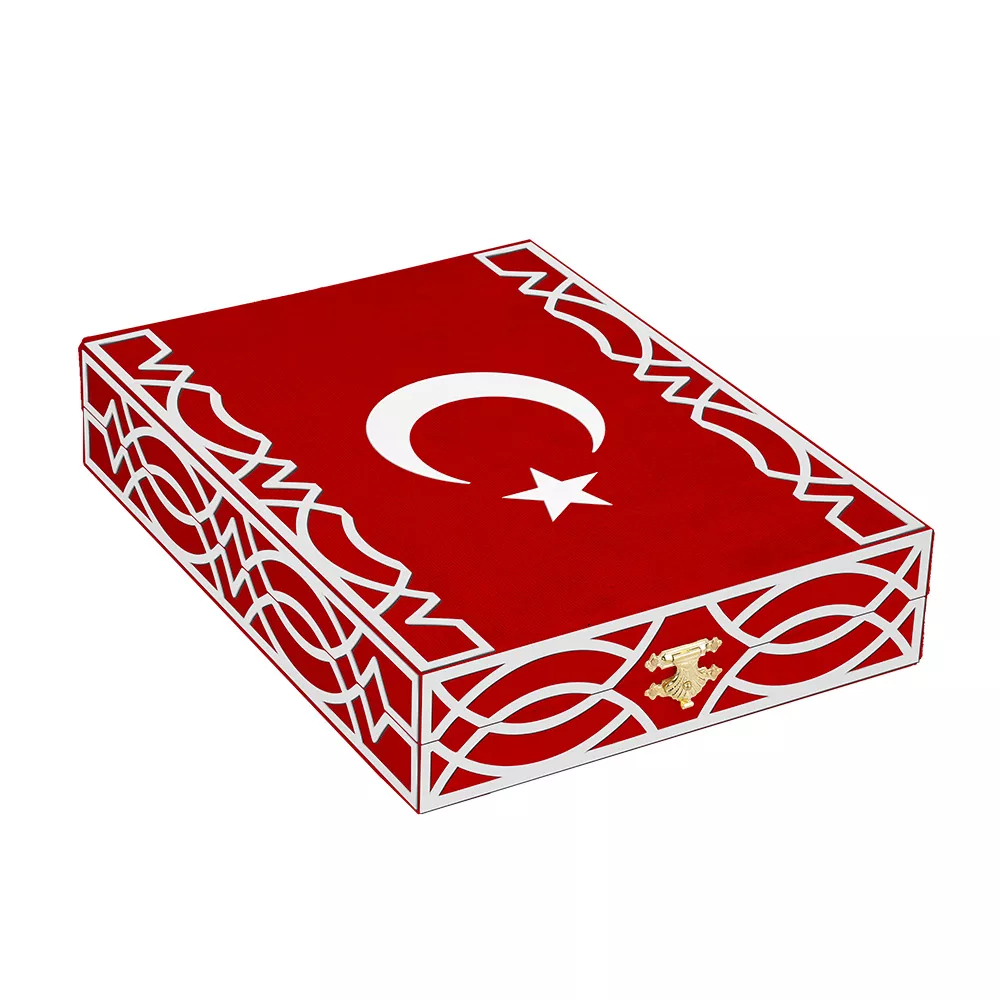 Kadife Kutulu Kur'an-ı Kerim (Orta Boy, Pleksili Desen, Kırmızı) - Thumbnail