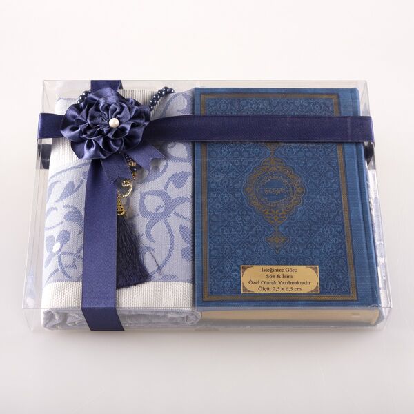 Prayer Mat + Salah Beads + Kuran Gift Set (Hafiz Size, Navy Blue)