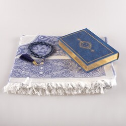 Prayer Mat + Salah Beads + Kuran Gift Set (Hafiz Size, Navy Blue) - Thumbnail