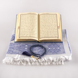 Prayer Mat + Salah Beads + Kuran Gift Set (Hafiz Size, Navy Blue) - Thumbnail