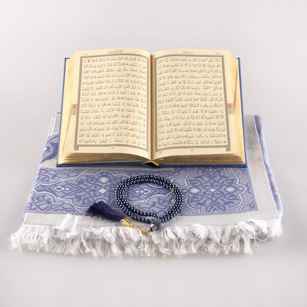 Prayer Mat + Salah Beads + Kuran Gift Set (Hafiz Size, Navy Blue)