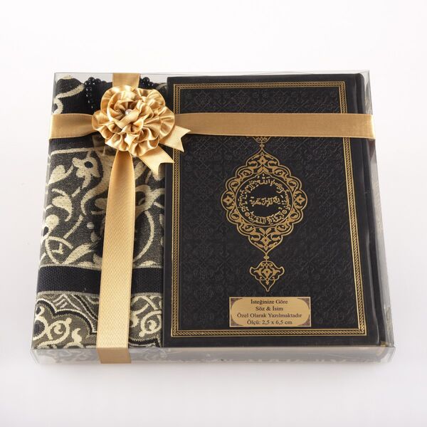 Prayer Mat + Salah Beads + Kuran Gift Set (Medium Size, Black1)
