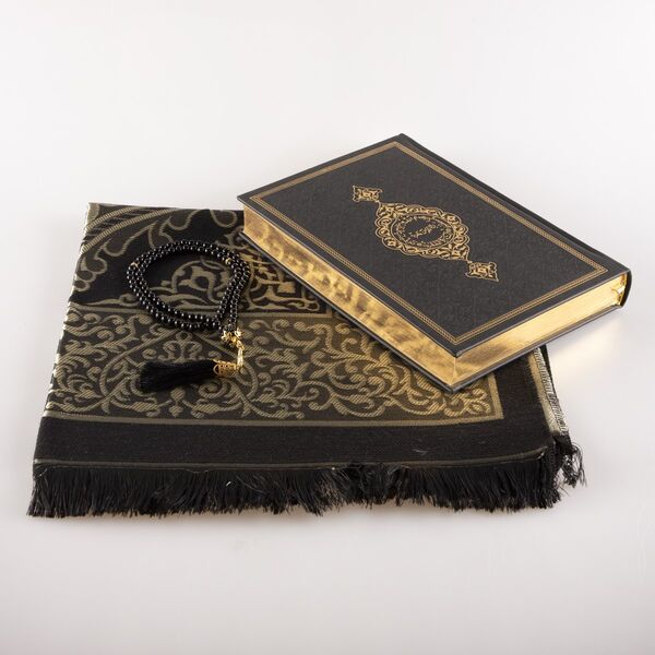 Prayer Mat + Salah Beads + Kuran Gift Set (Medium Size, Black1) 