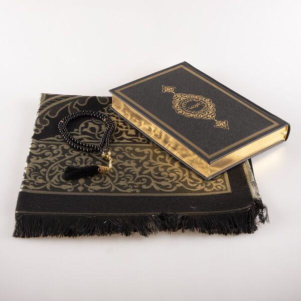 Prayer Mat + Salah Beads + Kuran Gift Set (Medium Size, Black1)