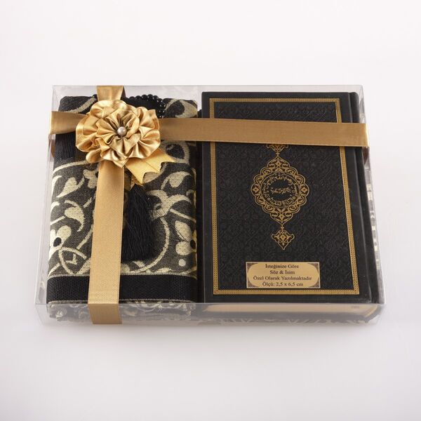 Prayer Mat + Salah Beads + Quran Gift Set (Bag Size, Black1)