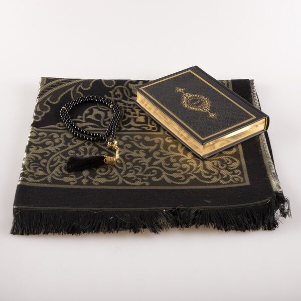 Prayer Mat + Salah Beads + Quran Gift Set (Bag Size, Black1)