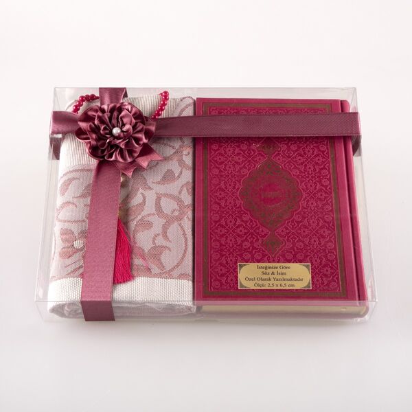 Prayer Mat + Salah Beads + Quran Gift Set (Bag Size, Fuchsia Pink) 