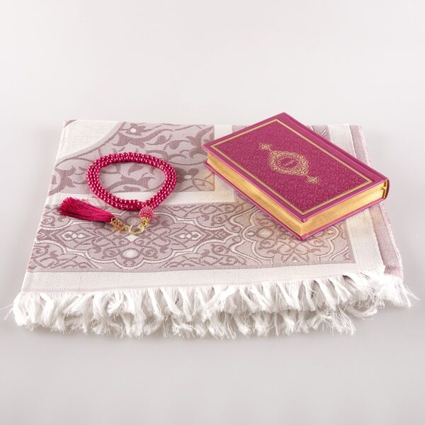 Prayer Mat + Salah Beads + Quran Gift Set (Bag Size, Fuchsia Pink) 