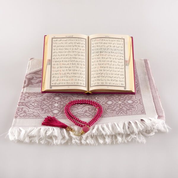 Prayer Mat + Salah Beads + Quran Gift Set (Bag Size, Fuchsia Pink) 