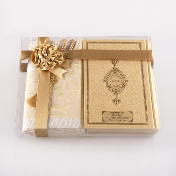 Prayer Mat + Salah Beads + Quran Gift Set (Bag Size, Gold1)