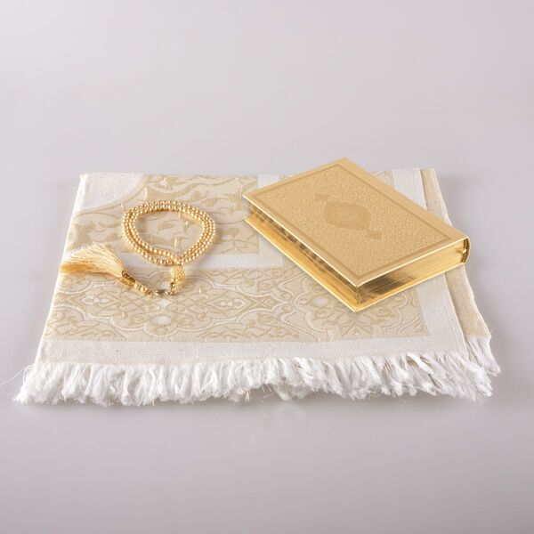 Prayer Mat + Salah Beads + Quran Gift Set (Bag Size, Gold1)