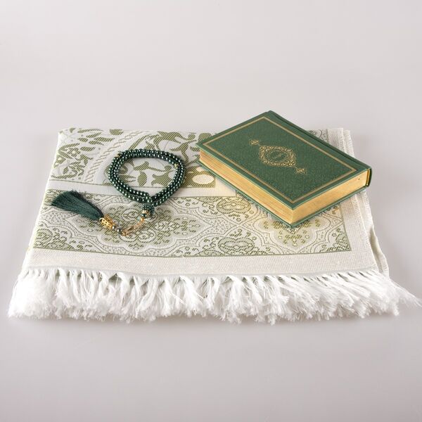 Prayer Mat + Salah Beads + Quran Gift Set (Bag Size, Green)