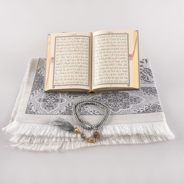 Prayer Mat + Salah Beads + Quran Gift Set (Bag Size, Grey)
