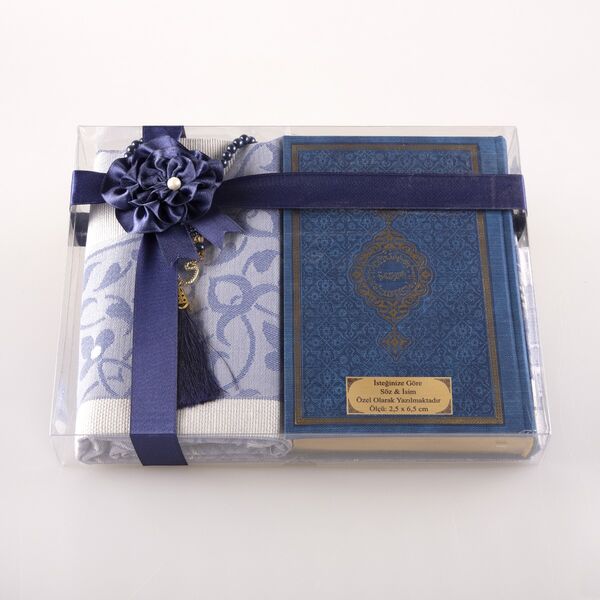 Prayer Mat + Salah Beads + Quran Gift Set (Bag Size, Navy Blue) 