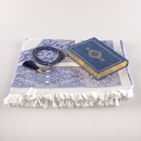 Prayer Mat + Salah Beads + Quran Gift Set (Bag Size, Navy Blue) 