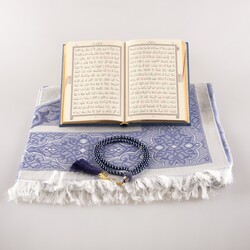 Prayer Mat + Salah Beads + Quran Gift Set (Bag Size, Navy Blue) - Thumbnail