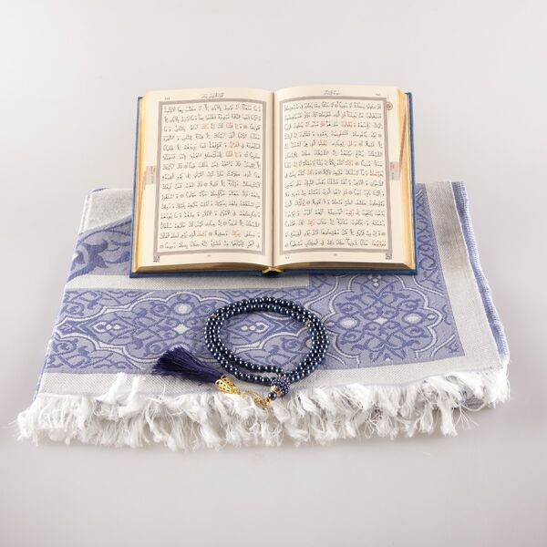 Prayer Mat + Salah Beads + Quran Gift Set (Bag Size, Navy Blue) 