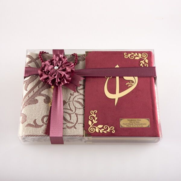 Prayer Mat + Salah Beads + Quran Gift Set (Bag Size, Velvet, Dark Maroon)