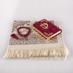 Prayer Mat + Salah Beads + Quran Gift Set (Bag Size, Velvet, Dark Maroon) - Thumbnail