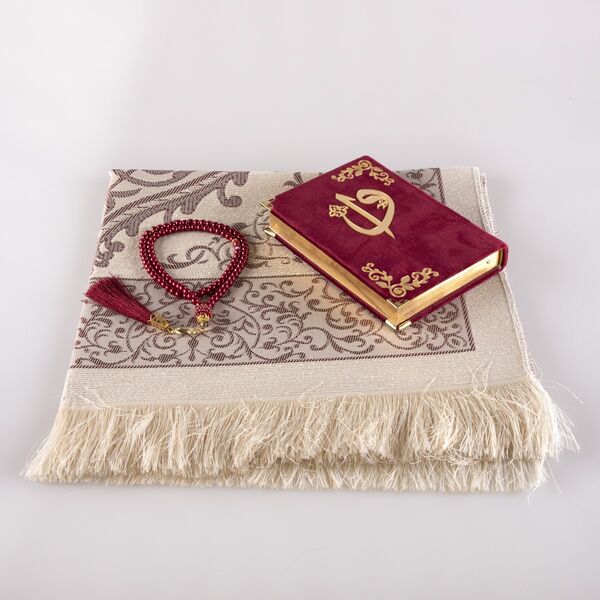 Prayer Mat + Salah Beads + Quran Gift Set (Bag Size, Velvet, Dark Maroon)