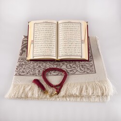 Prayer Mat + Salah Beads + Quran Gift Set (Bag Size, Velvet, Dark Maroon) - Thumbnail
