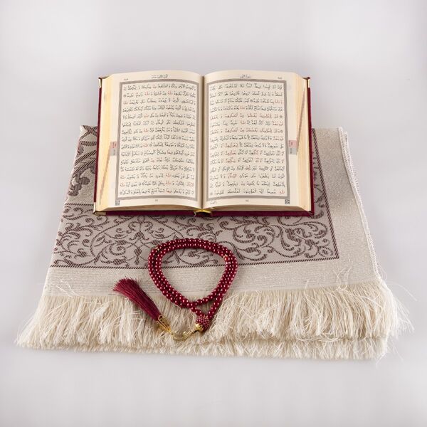 Prayer Mat + Salah Beads + Quran Gift Set (Bag Size, Velvet, Dark Maroon)