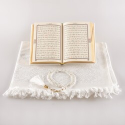 Prayer Mat + Salah Beads + Quran Gift Set (Bag Size, White1) - Thumbnail