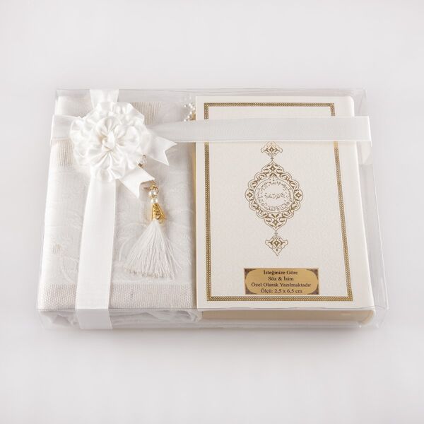 Prayer Mat + Salah Beads + Quran Gift Set (Bag Size, White1)