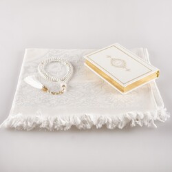 Prayer Mat + Salah Beads + Quran Gift Set (Bag Size, White1) - Thumbnail