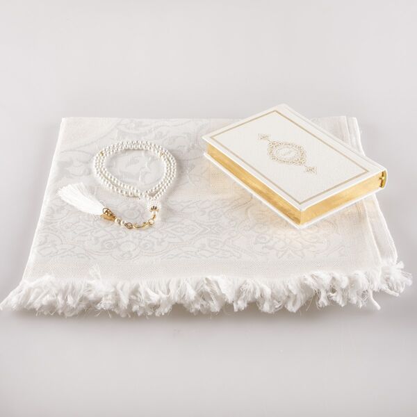 Prayer Mat + Salah Beads + Quran Gift Set (Bag Size, White1)