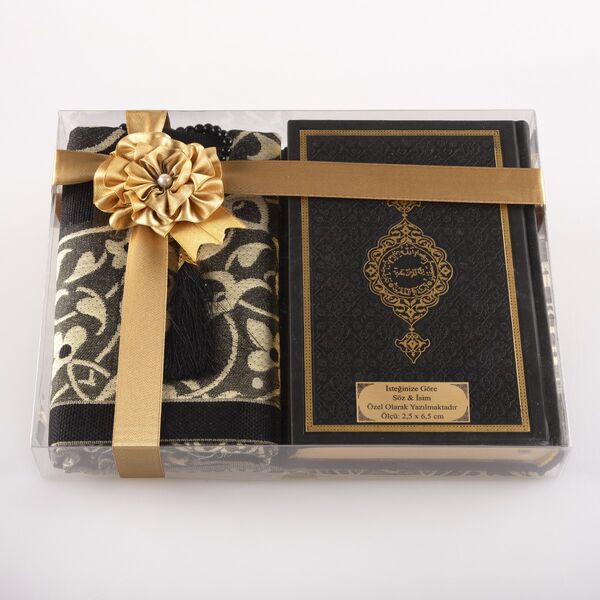 Prayer Mat + Salah Beads + Quran Gift Set (Hafiz Size, Black1)