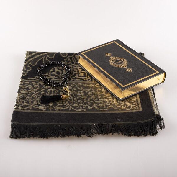 Prayer Mat + Salah Beads + Quran Gift Set (Hafiz Size, Black1)