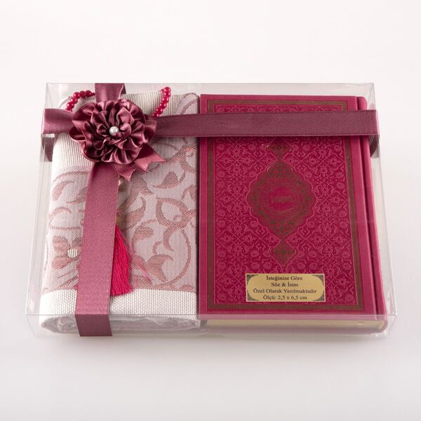 Prayer Mat + Salah Beads + Quran Gift Set (Hafiz Size, Fuchsia Pink) 