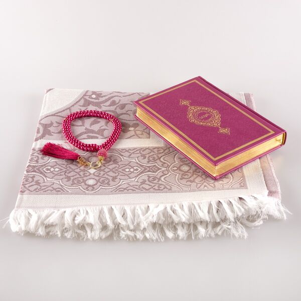 Prayer Mat + Salah Beads + Quran Gift Set (Hafiz Size, Fuchsia Pink) 