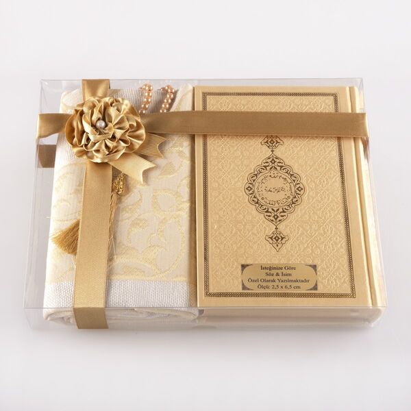 Prayer Mat + Salah Beads + Quran Gift Set (Hafiz Size, Gold1)