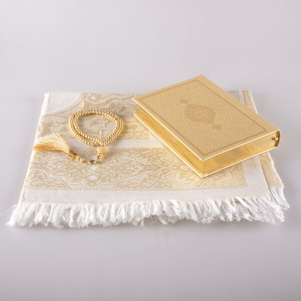 Prayer Mat + Salah Beads + Quran Gift Set (Hafiz Size, Gold1)