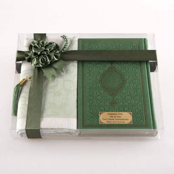 Prayer Mat + Salah Beads + Quran Gift Set (Hafiz Size, Green)