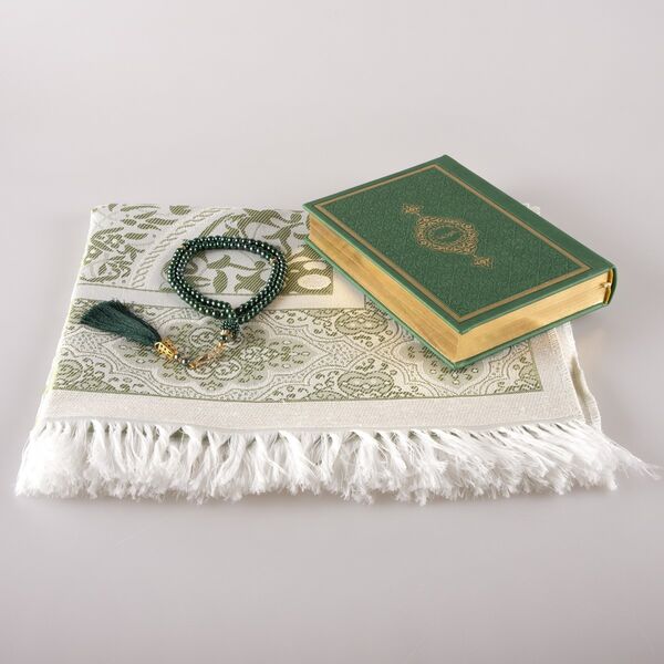 Prayer Mat + Salah Beads + Quran Gift Set (Hafiz Size, Green)