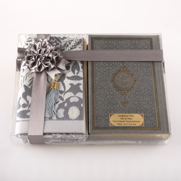Prayer Mat + Salah Beads + Quran Gift Set (Hafiz Size, Grey)