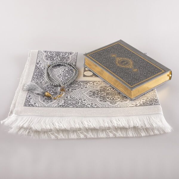 Prayer Mat + Salah Beads + Quran Gift Set (Hafiz Size, Grey)