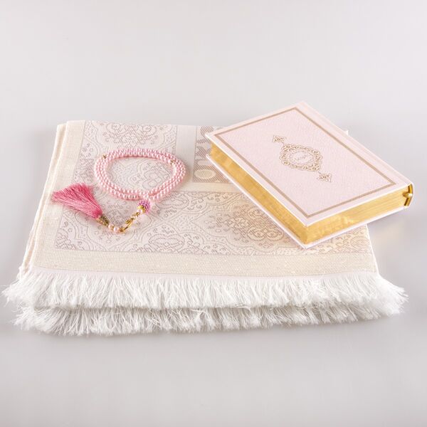 Prayer Mat + Salah Beads + Quran Gift Set (Hafiz Size, Powder Pink) 