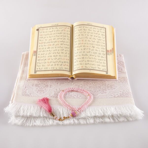 Prayer Mat + Salah Beads + Quran Gift Set (Hafiz Size, Powder Pink)