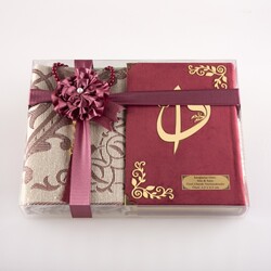 Prayer Mat + Salah Beads + Quran Gift Set (Hafiz Size, Velvet, Dark Maroon) - Thumbnail