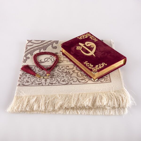 Prayer Mat + Salah Beads + Quran Gift Set (Hafiz Size, Velvet, Dark Maroon)